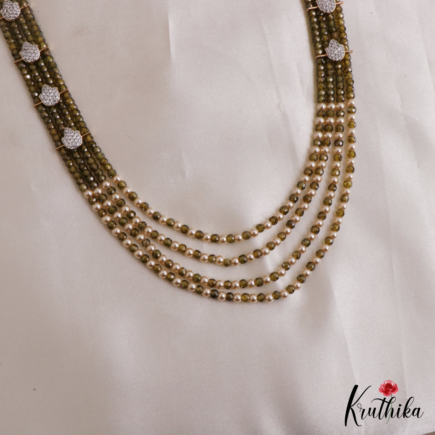 Elegant Multi Layered Crystal & Pearl Haaram With Floral Accents LH2130 (Available In 6 Colors)