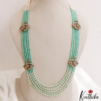 Stunning Multi Layered Crystal & Pearl Haaram With Peacock Accents LH2138 (Available In 2 Colors)