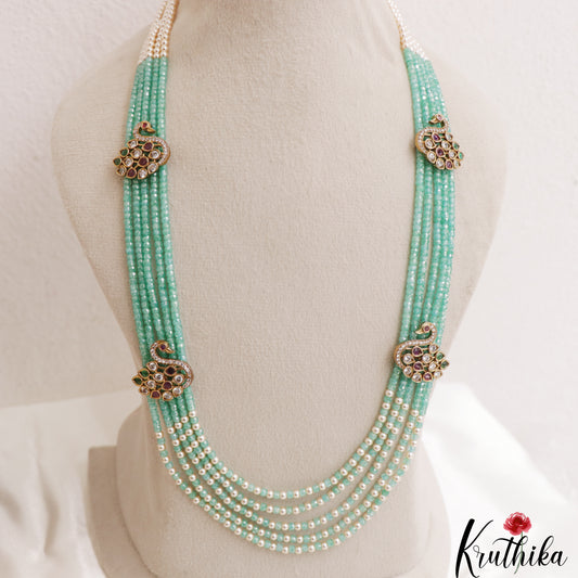 Stunning Multi Layered Crystal & Pearl Haaram With Peacock Accents LH2138 (Available In 2 Colors)