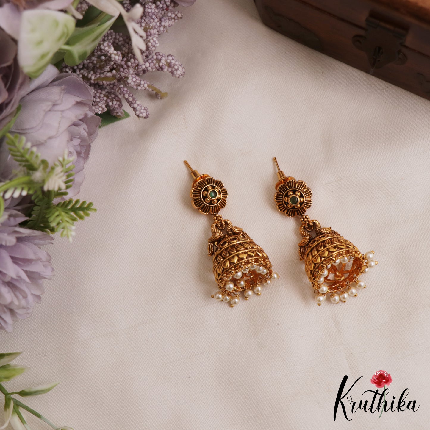 Pretty Antique Floral Peacock Motifs Jhumkas With Pearl Drops E1165 (Available In 2 Colors)