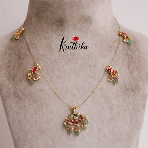 Simple Jadau Pendant Invisible Chain with Pastel Green Beads NC2020