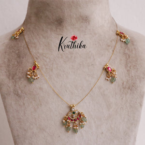 Simple Jadau Pendant Invisible Chain with Pastel Green Beads NC2020