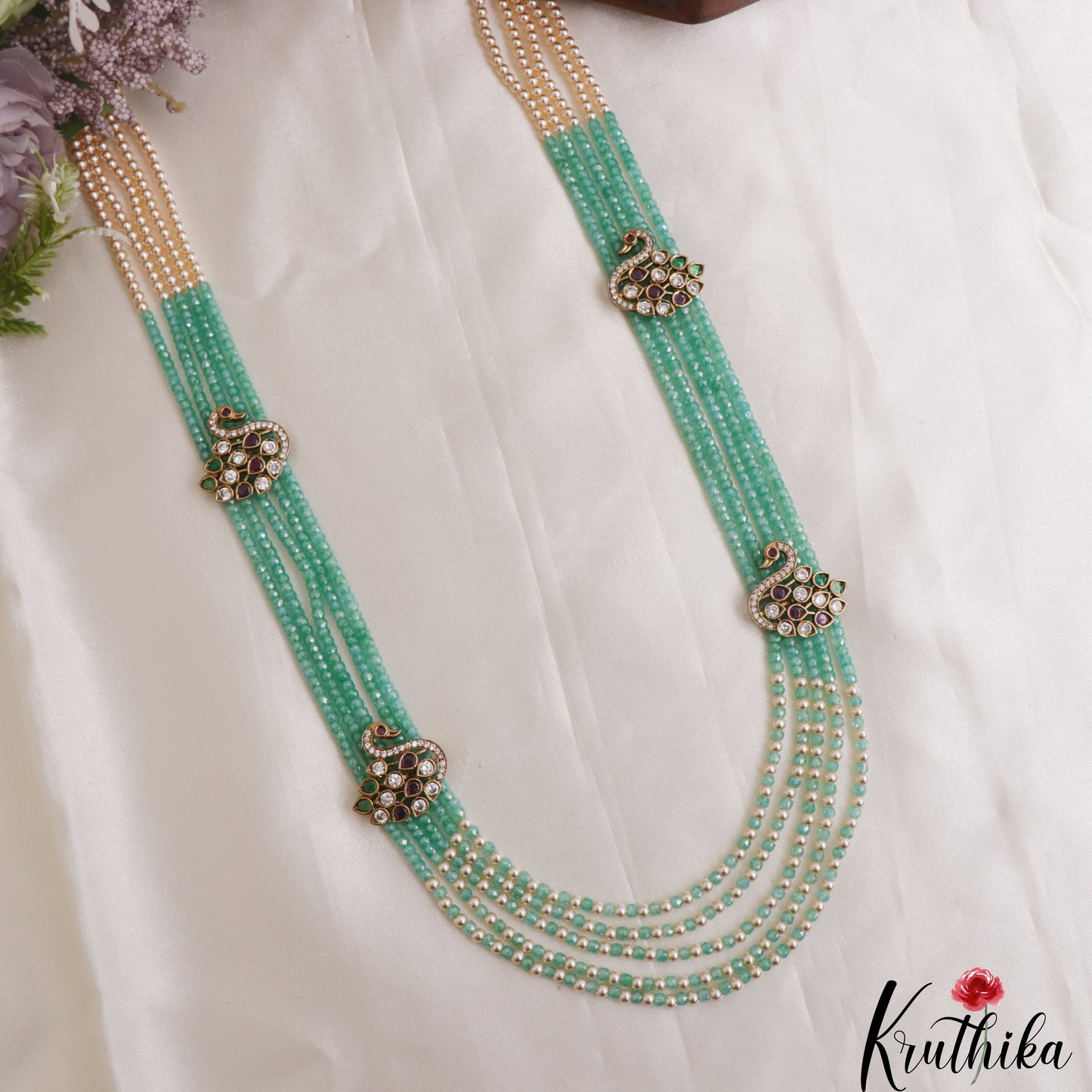Stunning Multi Layered Crystal & Pearl Haaram With Peacock Accents LH2138 (Available In 2 Colors)