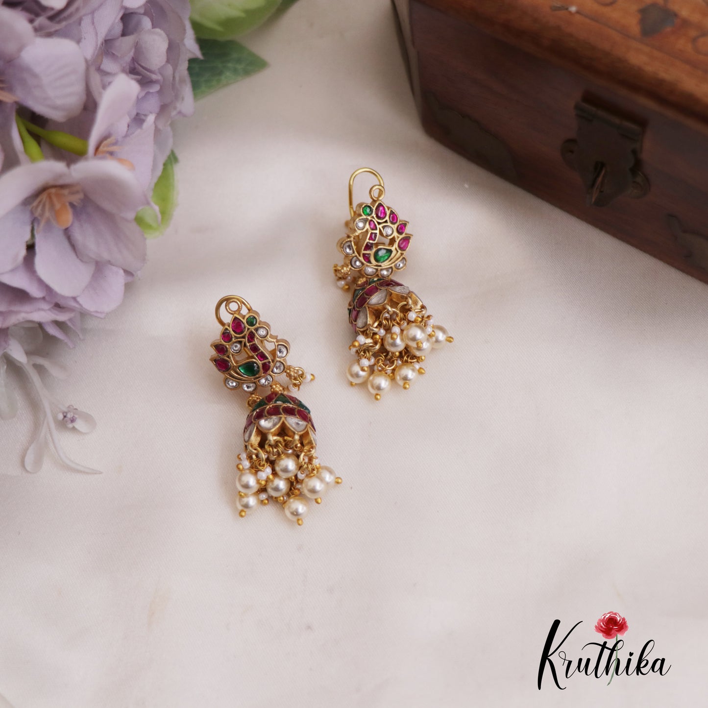 Gorgeous Peacock Motifs Jadau Jhumkas WIth Pearl Drops E914