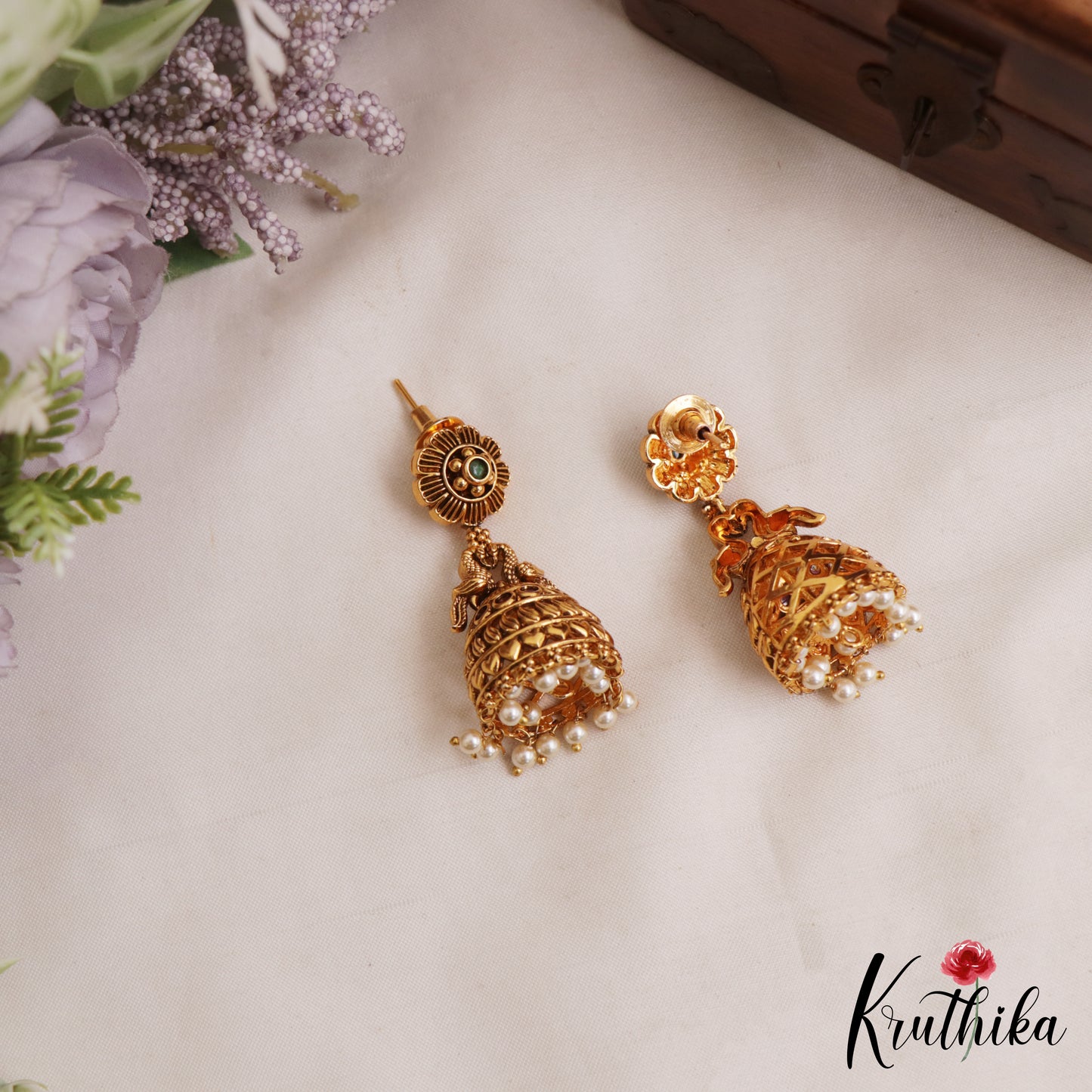 Pretty Antique Floral Peacock Motifs Jhumkas With Pearl Drops E1165 (Available In 2 Colors)