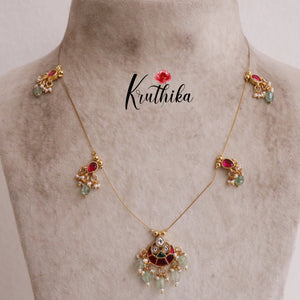 Trendy Moon Design Jadau Muti Stone Pendant with Pastel Green Drops NC2021