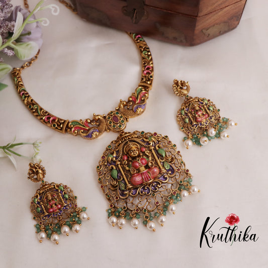 Beautiful Temple Lakshmi Pendant Necklace with Pearl Drops NC2422