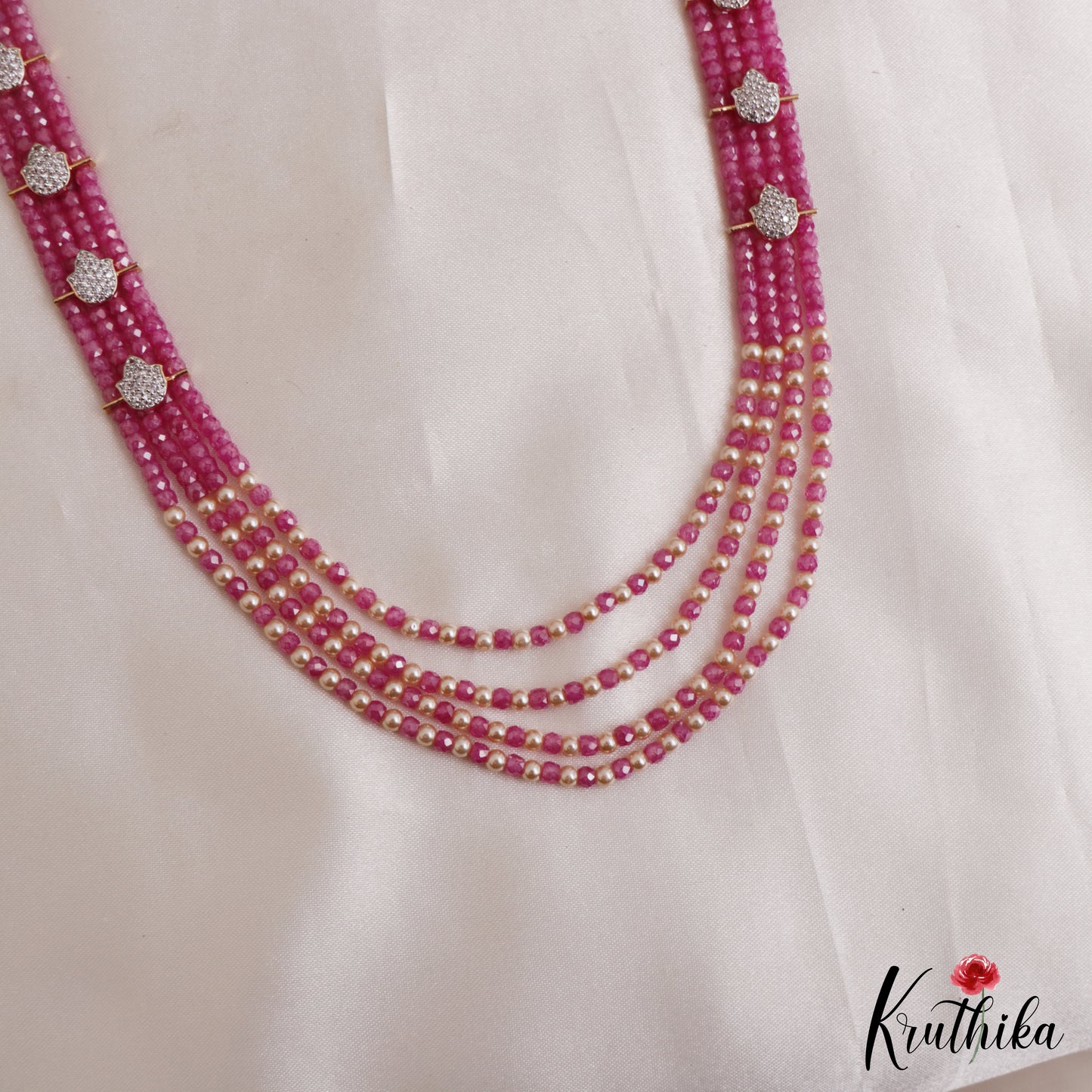 Elegant Multi Layered Crystal & Pearl Haaram With Floral Accents LH2130 (Available In 6 Colors)
