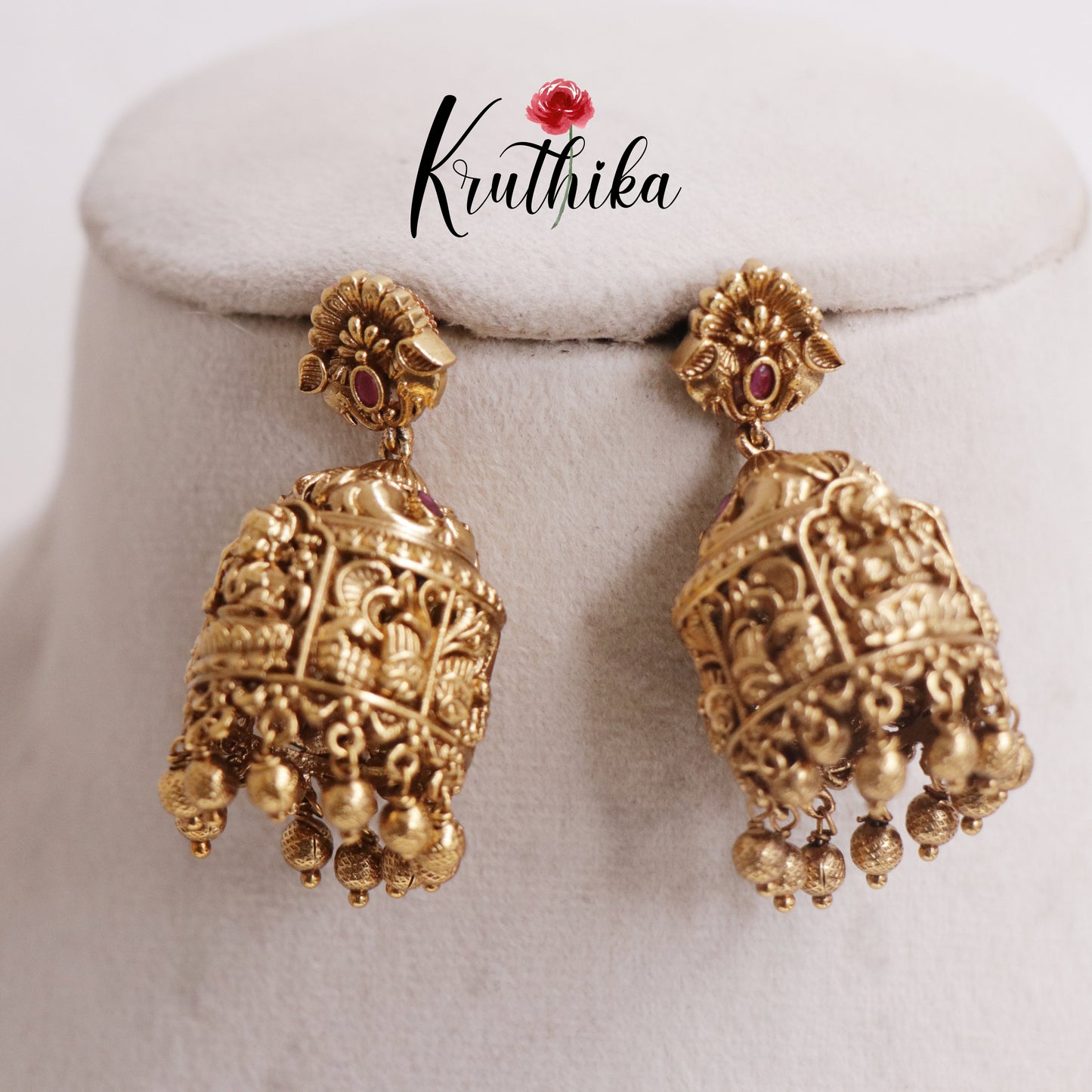 Elegant Temple Ganesha Jhumkas with Golden Beads Drops E738