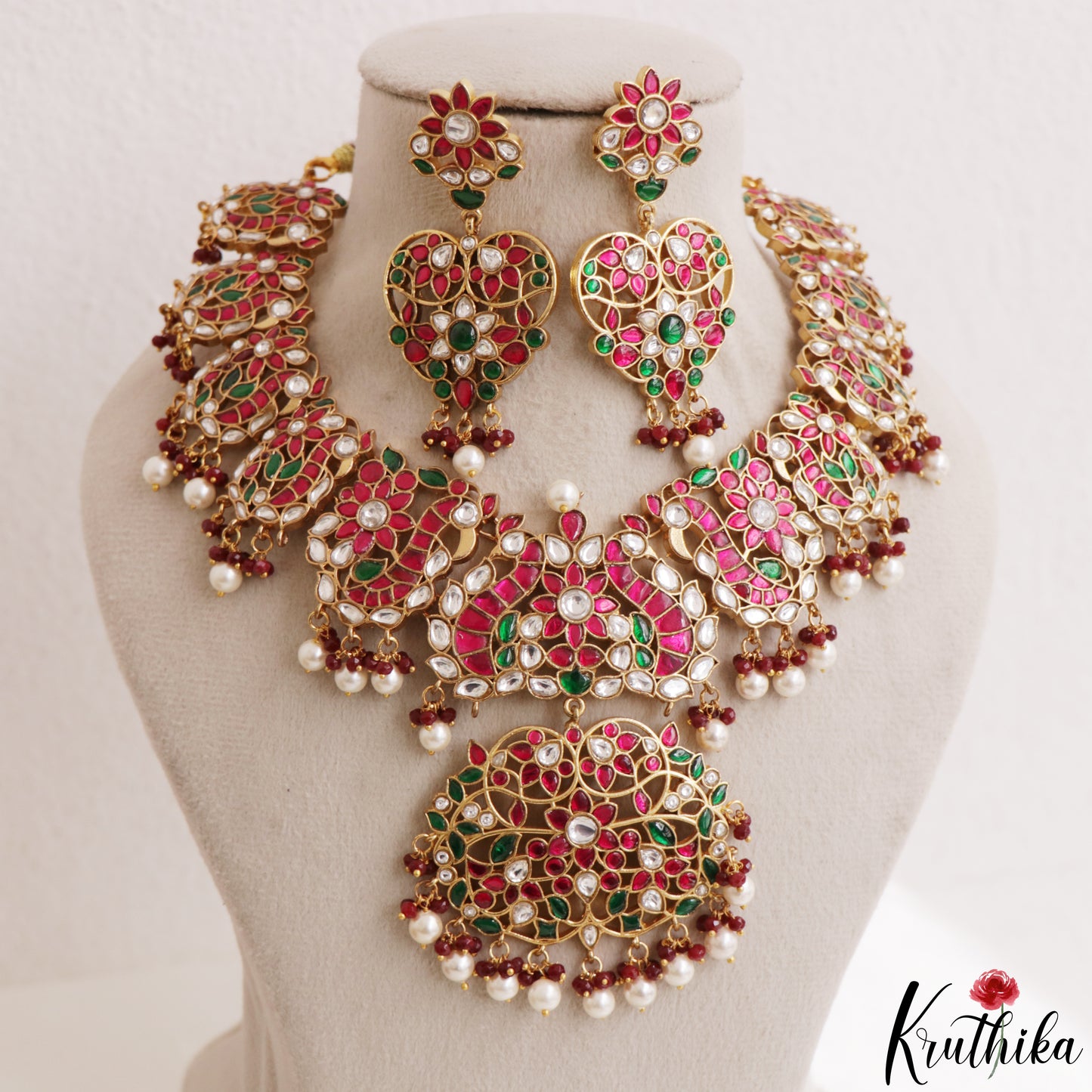 Stunning Peacock Floral Motifs Jadau Necklace With Pearl Bead Drops NC3191 (Available In 3 Colors)