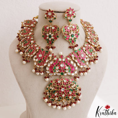 Stunning Peacock Floral Motifs Jadau Necklace With Pearl Bead Drops NC3191 (Available In 3 Colors)