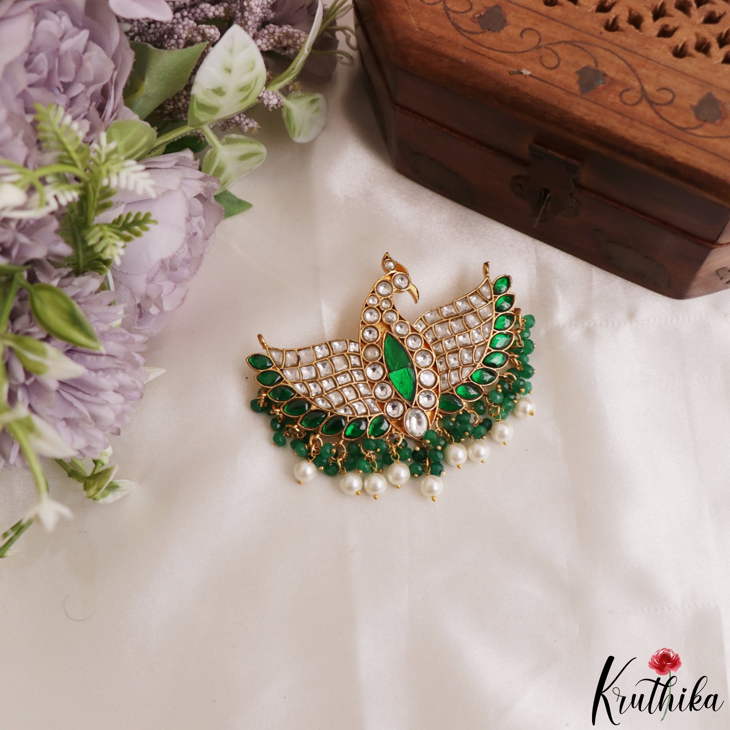 Stunning Peacock Motifs Jadau Pendant With Pearl Bead Drops PS306 (Available In 3 Colors)