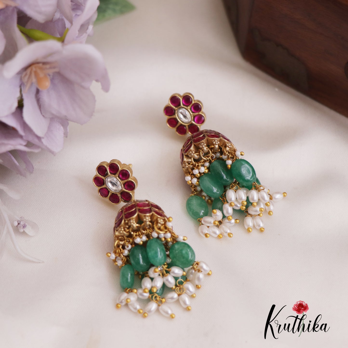 Stunning Floral Motifs Jadau Jhumkas With Green Bead Drops E915