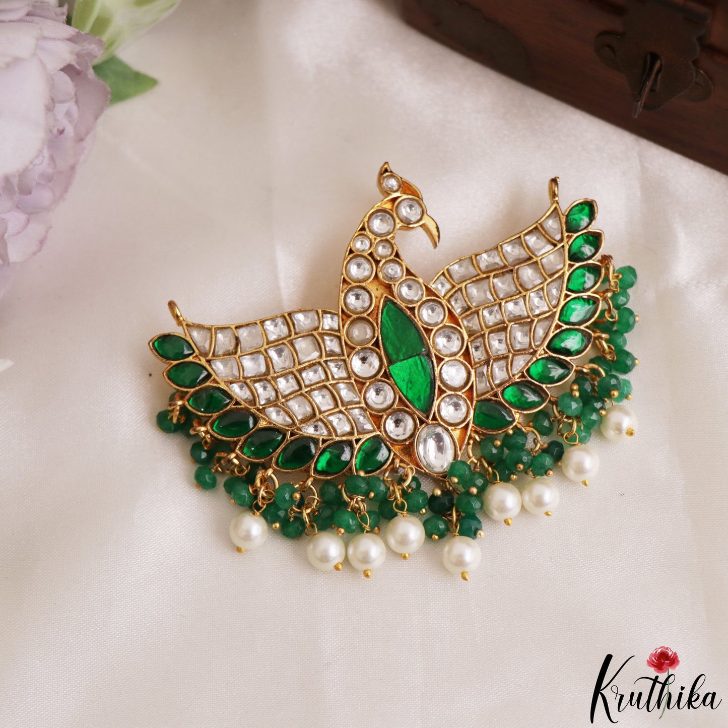 Stunning Peacock Motifs Jadau Pendant With Pearl Bead Drops PS306 (Available In 3 Colors)