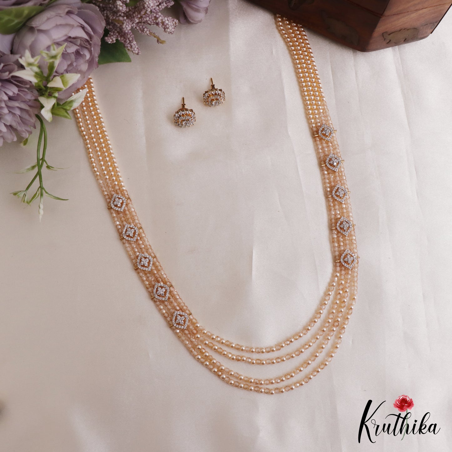 Classic Multi Layered Crystal & Pearl Haaram With Floral Accents LH2128 (Available In 8 Colors)