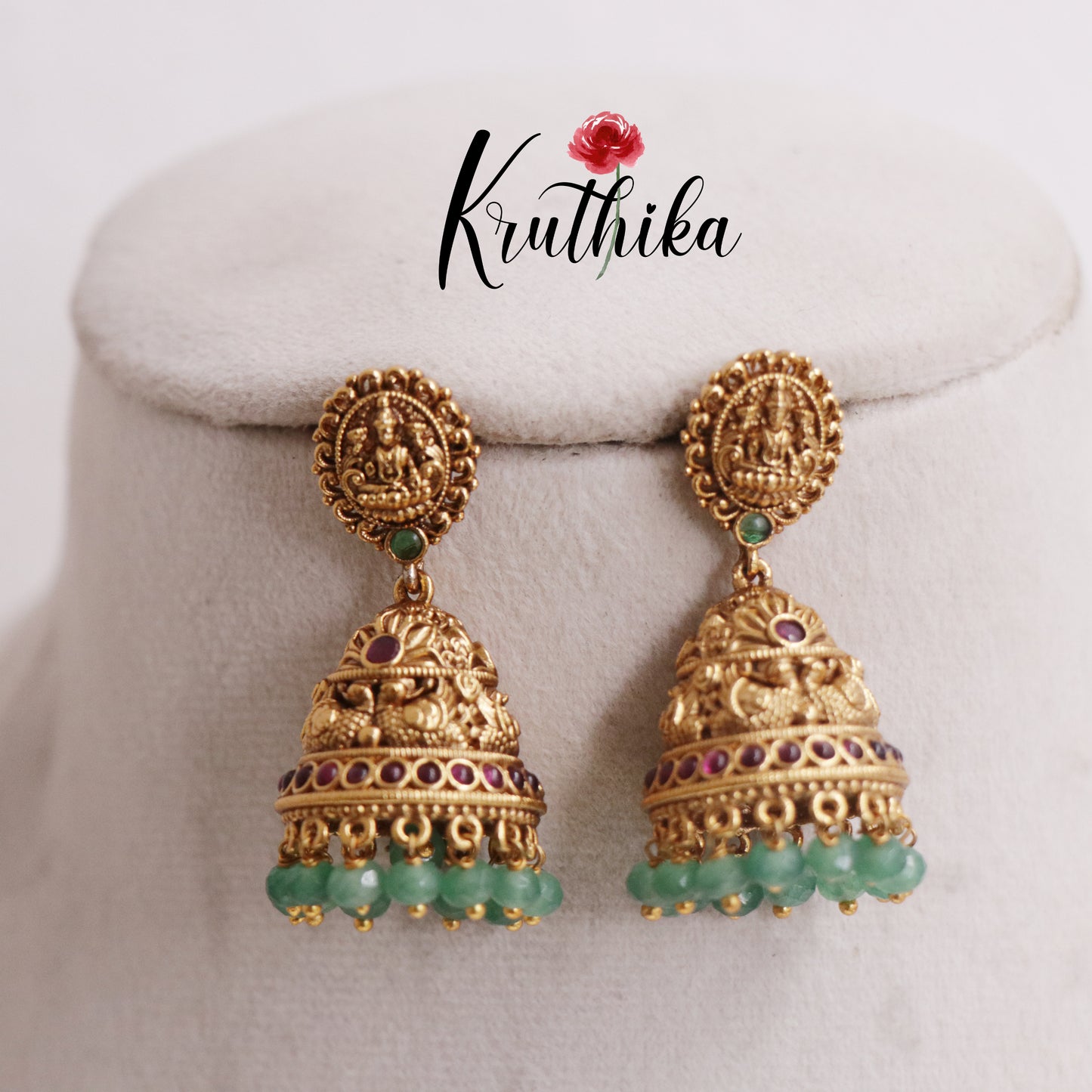 Elegant Kemp Lakshmi Jhumka with Green Beads Drops E741