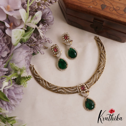 Elegant Peacock Teardrop Motifs Hasli CZ Victorian Choker NC3056