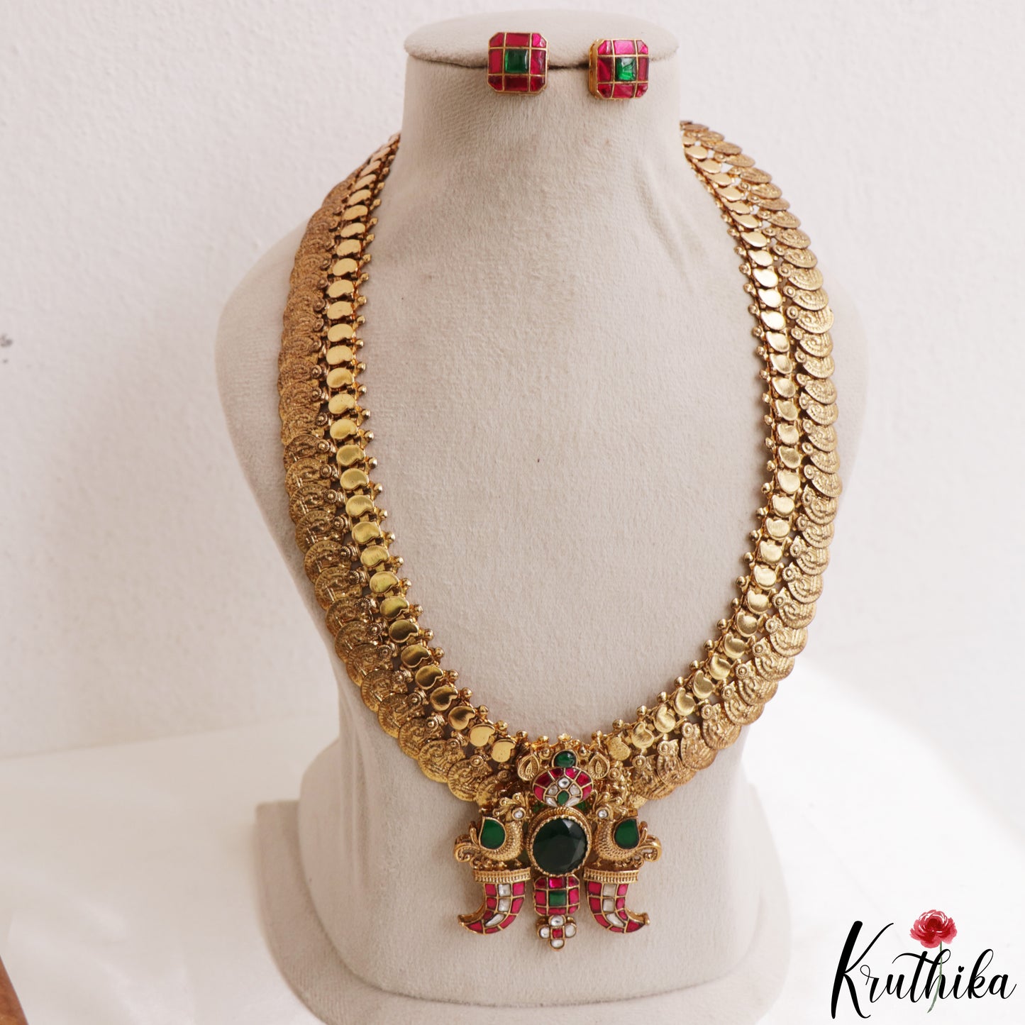 Premium Antique Lakshmi Kasu Jadau Haaram With Peacock Puligoru Pendant LH2214