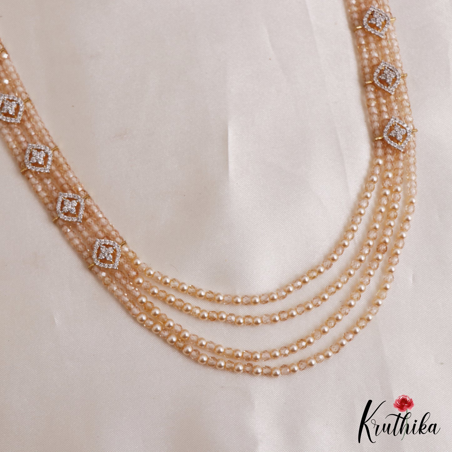 Classic Multi Layered Crystal & Pearl Haaram With Floral Accents LH2128 (Available In 8 Colors)