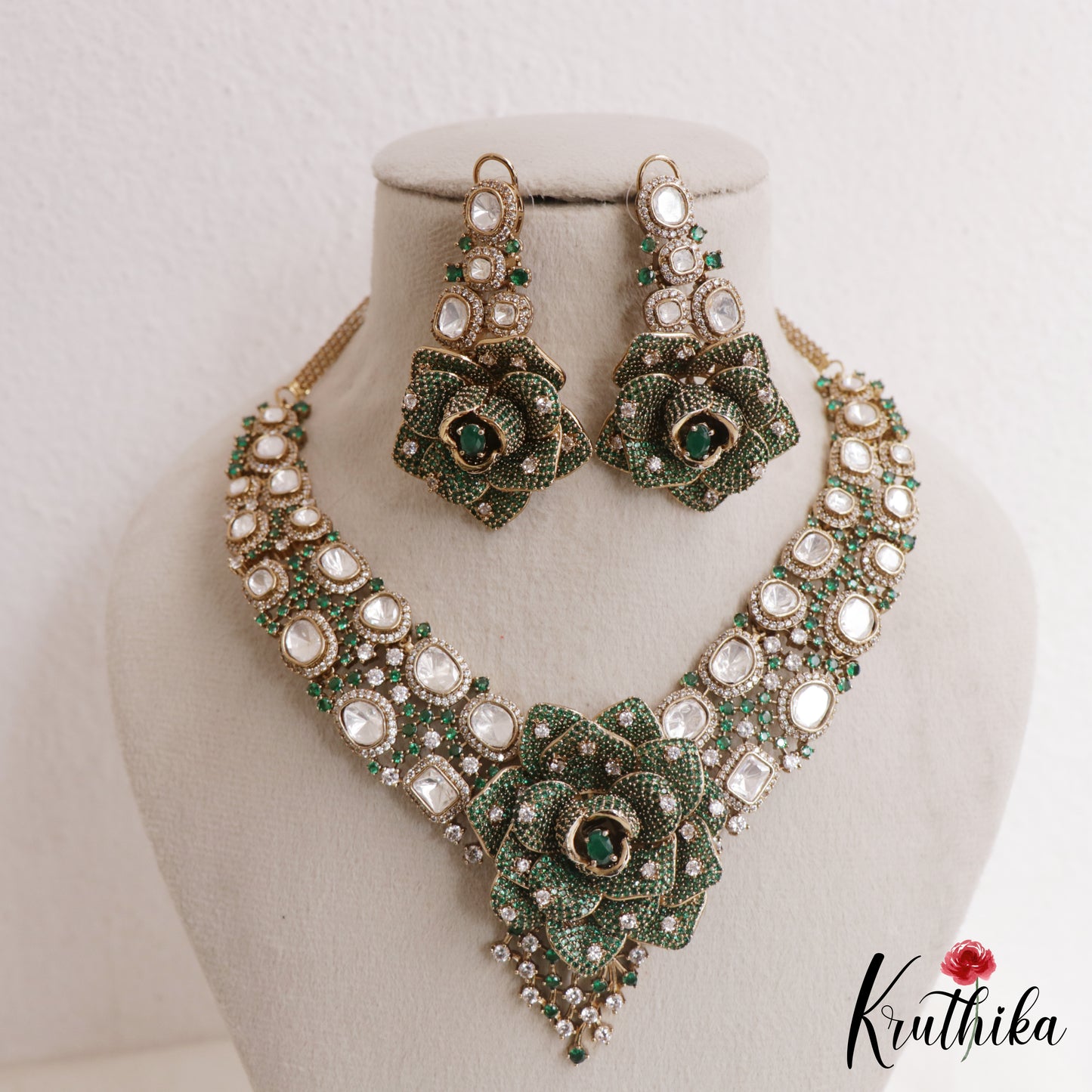Stunning Rose Blossom Polki Victorian Necklace NC3057 (Available In 2 Colors)