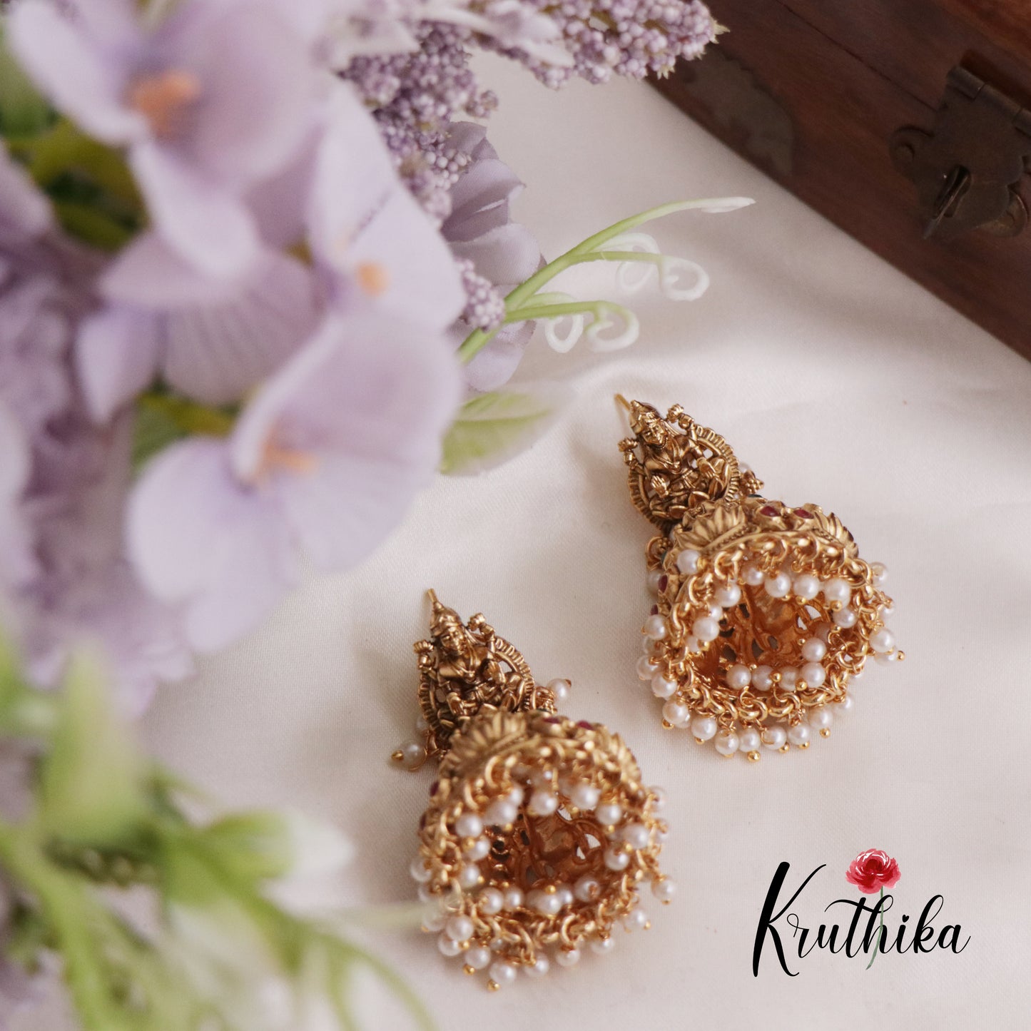 Premium Temple Lakshmi  Nakshi Jhumka with Pearl Drops E742