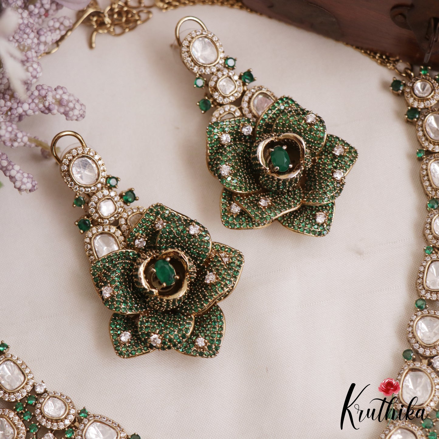 Stunning Rose Blossom Polki Victorian Necklace NC3057 (Available In 2 Colors)