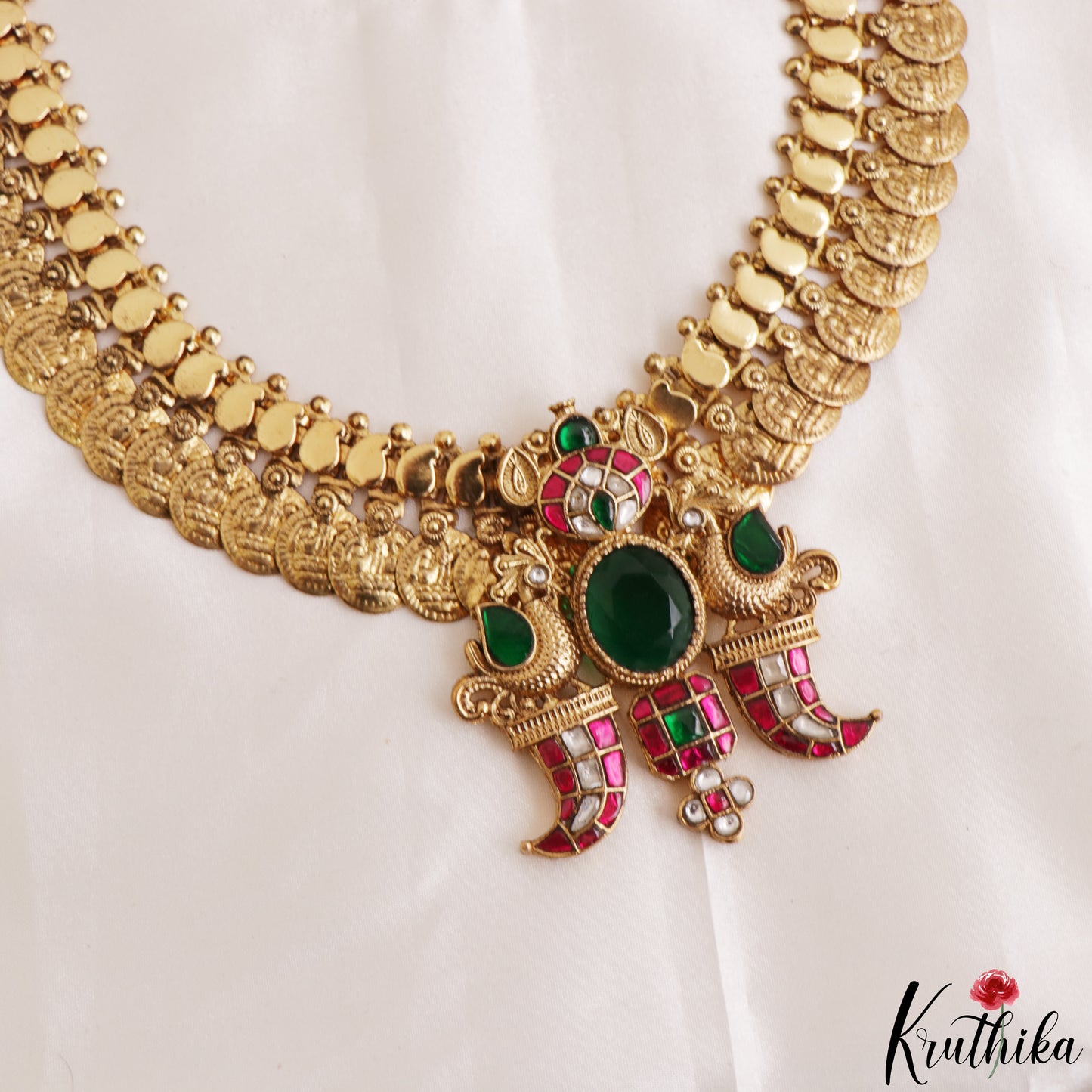 Premium Antique Lakshmi Kasu Jadau Haaram With Peacock Puligoru Pendant LH2214