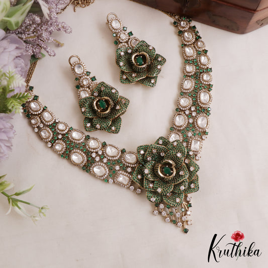 Stunning Rose Blossom Polki Victorian Necklace NC3057 (Available In 2 Colors)