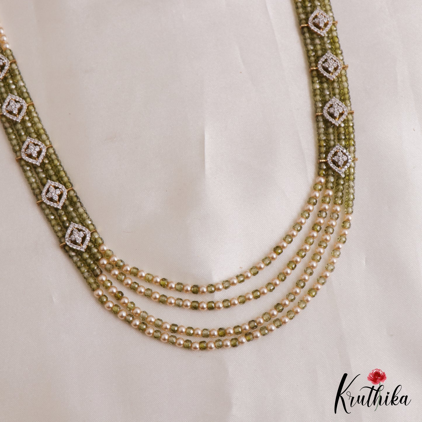 Classic Multi Layered Crystal & Pearl Haaram With Floral Accents LH2128 (Available In 8 Colors)