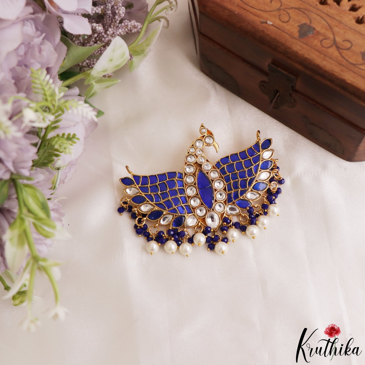 Stunning Peacock Motifs Jadau Pendant With Pearl Bead Drops PS306 (Available In 3 Colors)