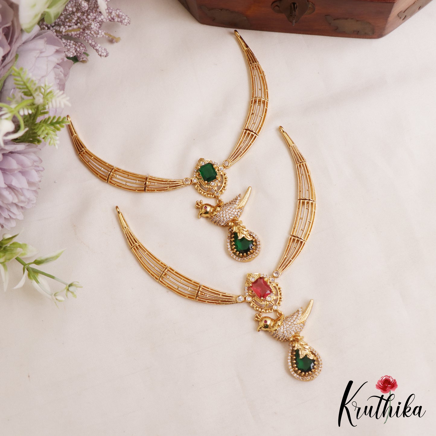 Beautiful Peacock Motifs CZ Victorian Hasli Necklace NC3058 (Available In 2 Colors)