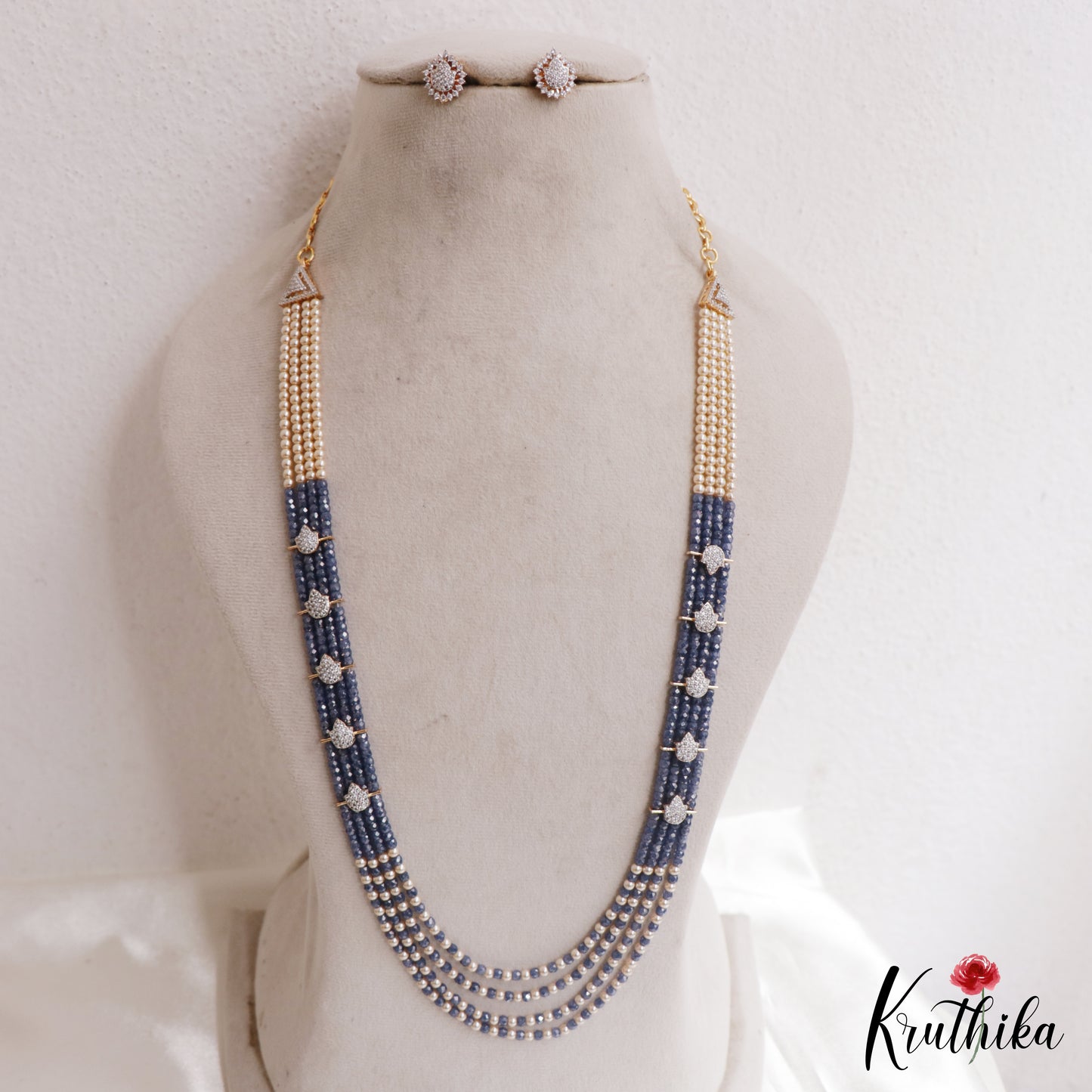 Elegant Multi Layered Crystal & Pearl Haaram With Floral Accents LH2130 (Available In 6 Colors)