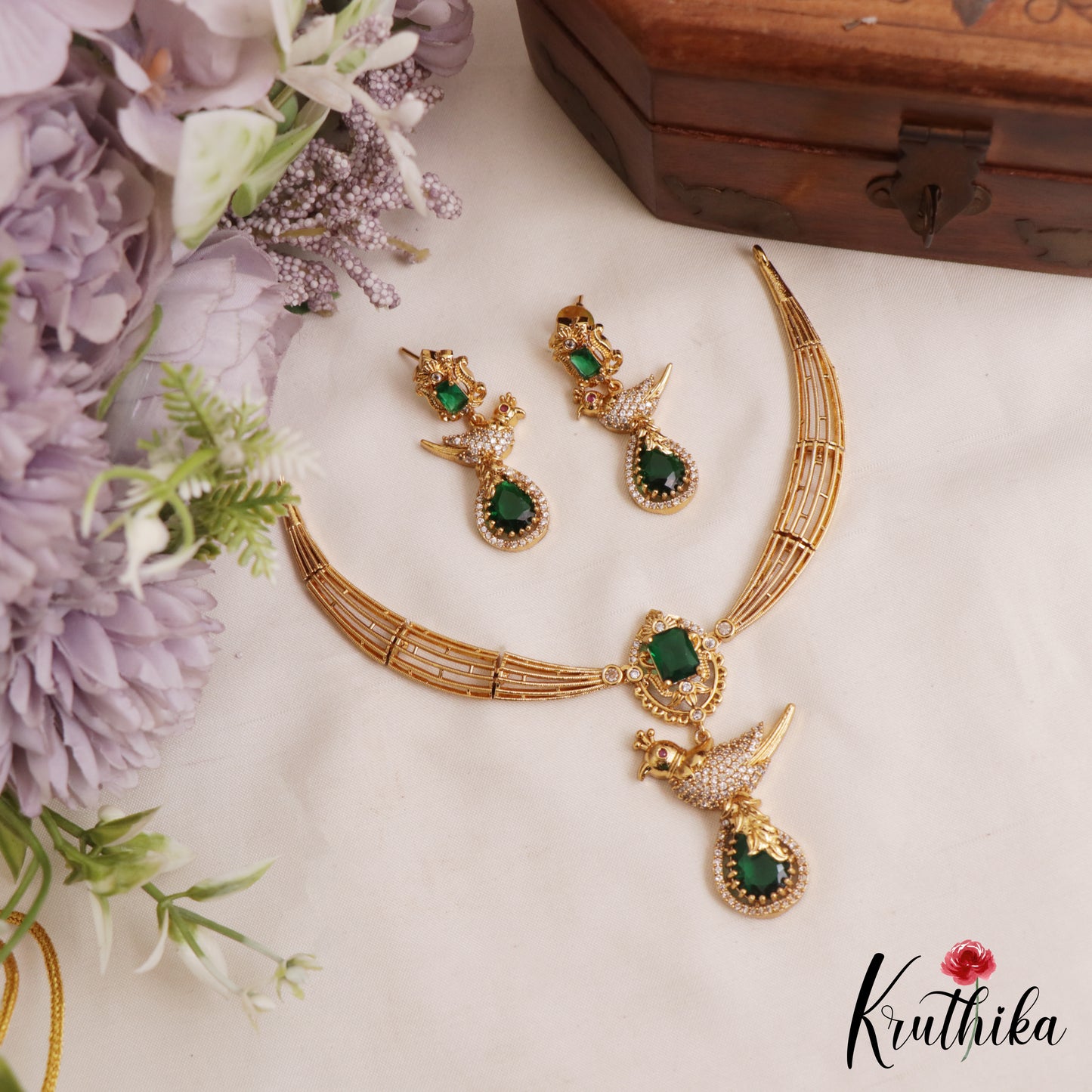 Beautiful Peacock Motifs CZ Victorian Hasli Necklace NC3058 (Available In 2 Colors)