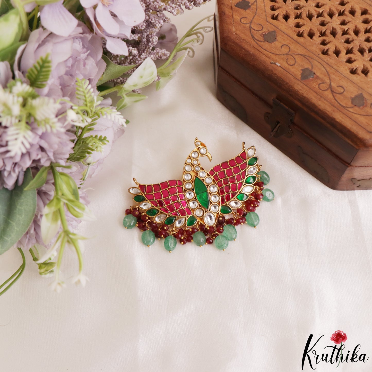Stunning Peacock Motifs Jadau Pendant With Pearl Bead Drops PS306 (Available In 3 Colors)