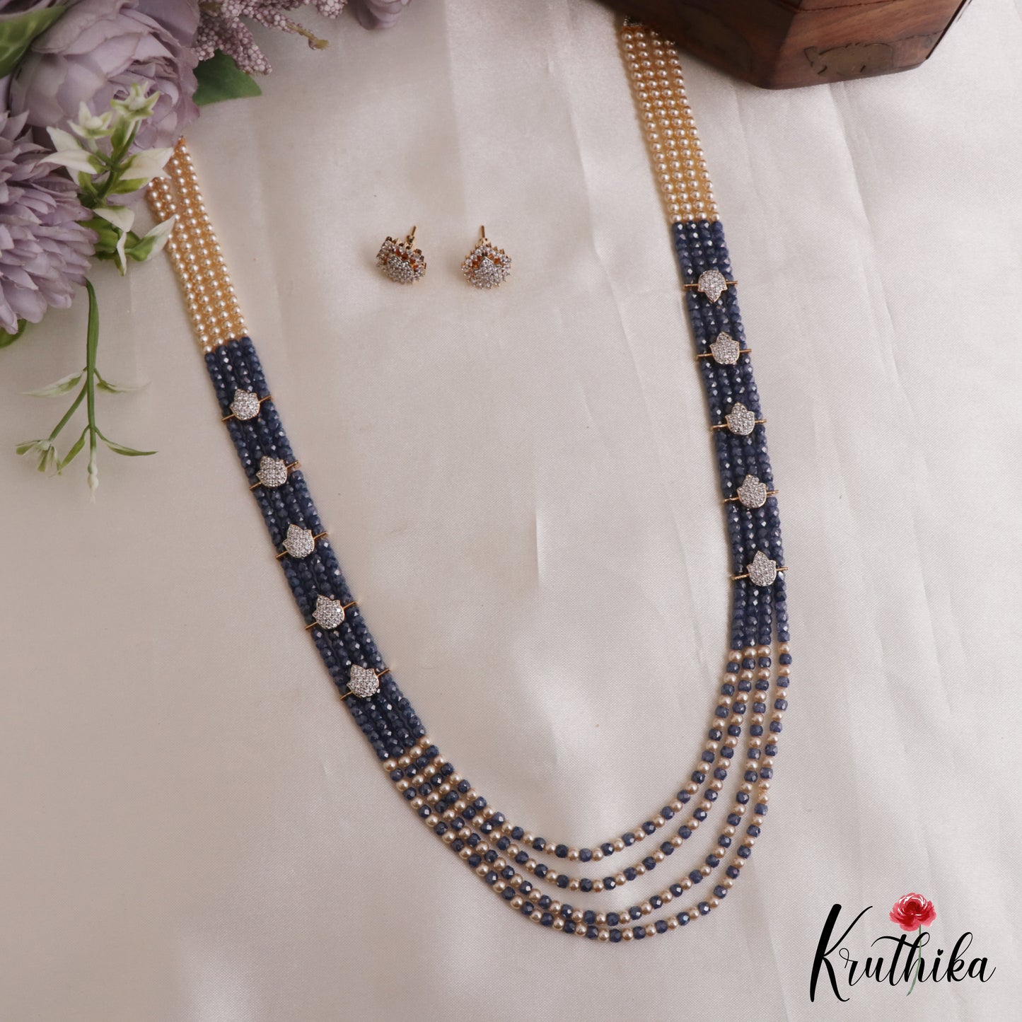 Elegant Multi Layered Crystal & Pearl Haaram With Floral Accents LH2130 (Available In 6 Colors)