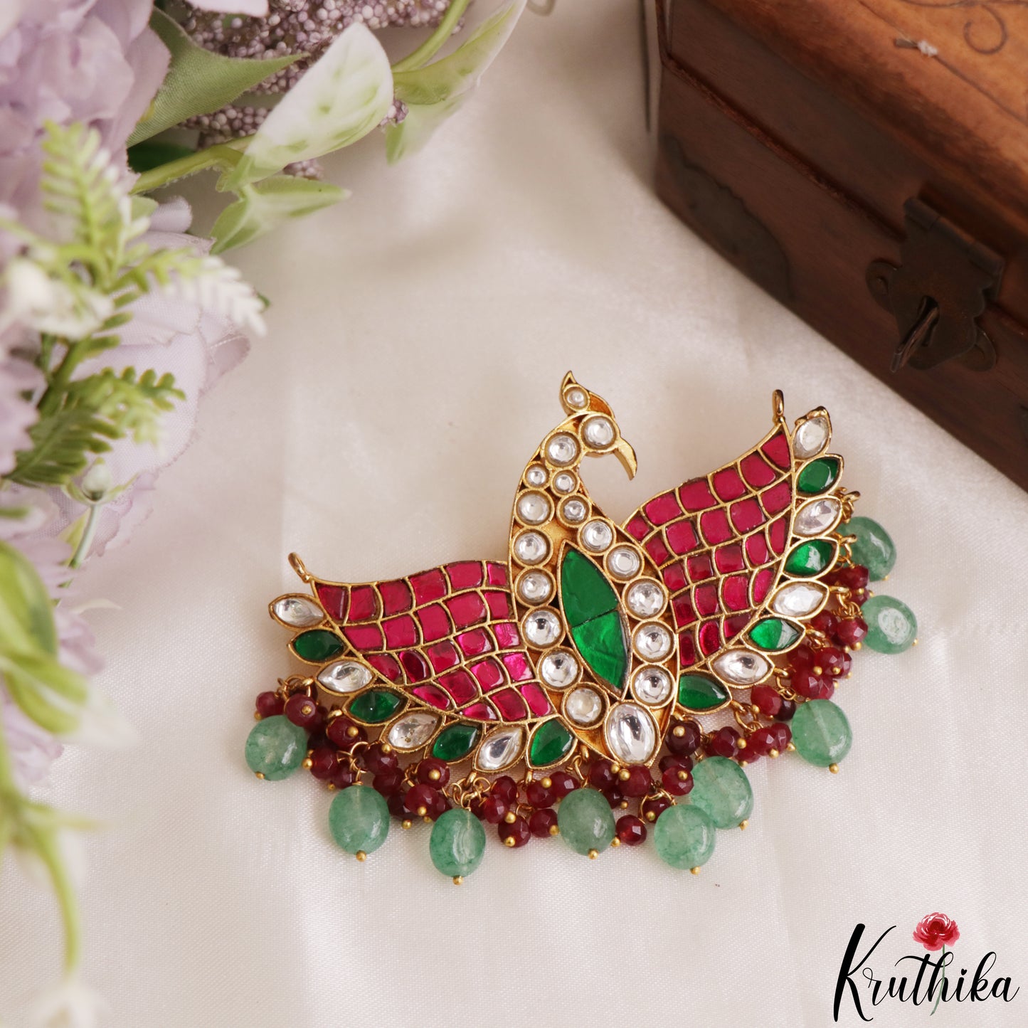 Stunning Peacock Motifs Jadau Pendant With Pearl Bead Drops PS306 (Available In 3 Colors)