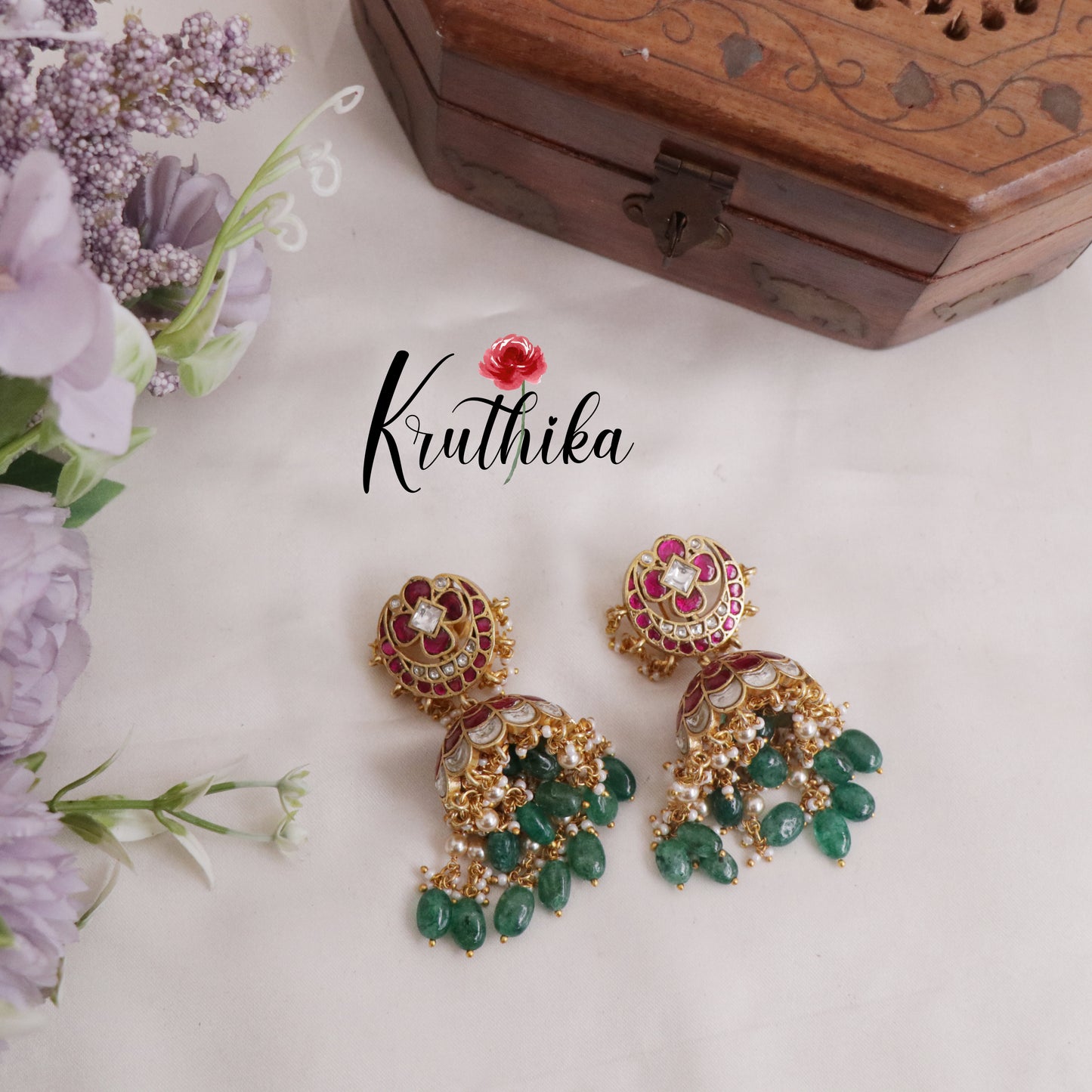 Royal Floral Kundan Jadau jhumka with Green Beads Drops E770