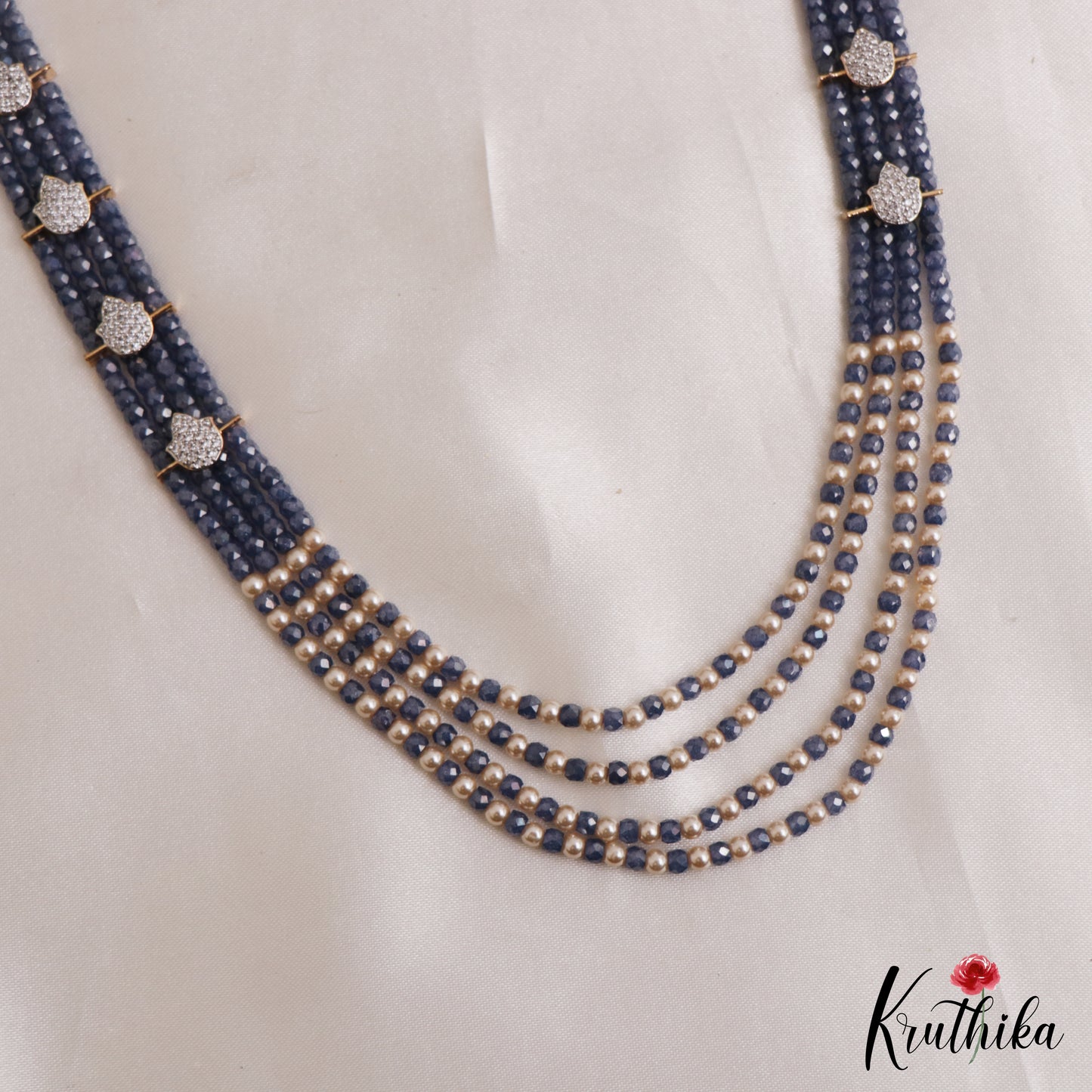 Elegant Multi Layered Crystal & Pearl Haaram With Floral Accents LH2130 (Available In 6 Colors)