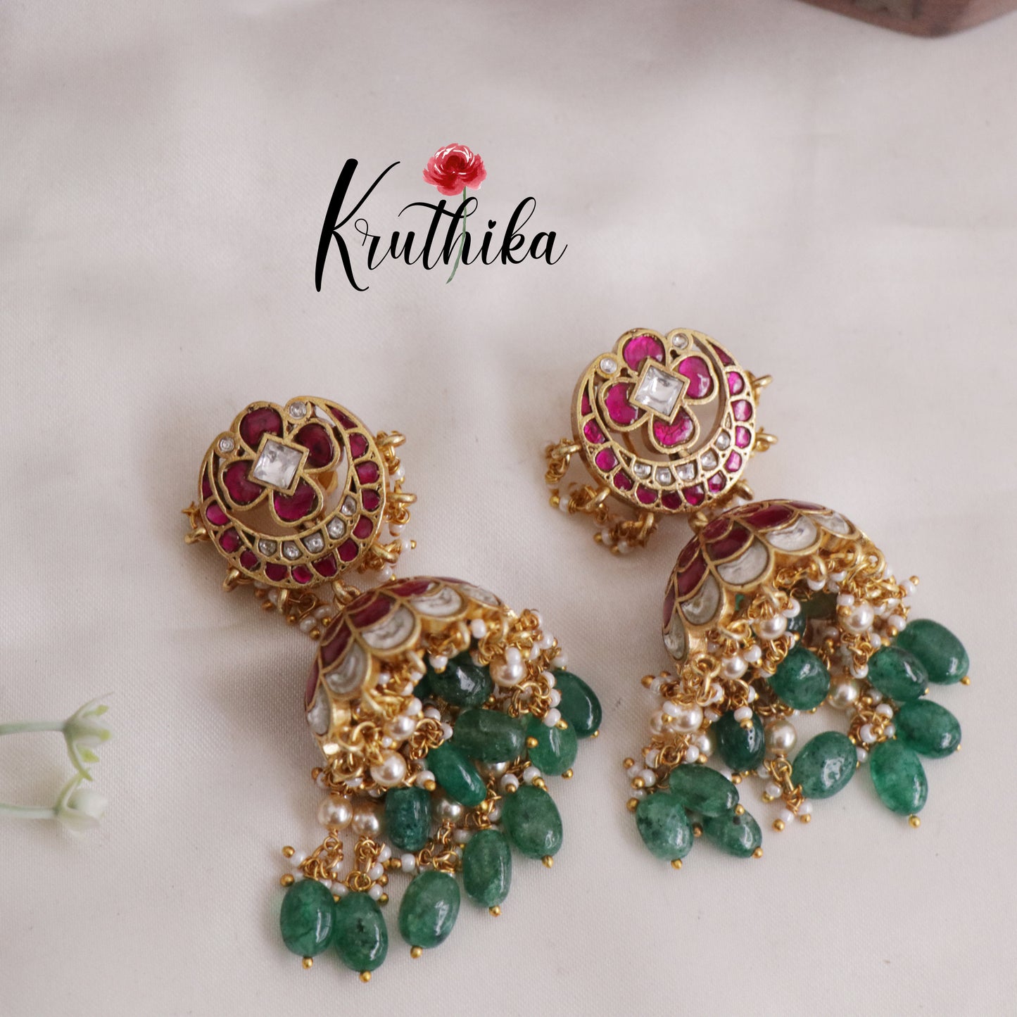 Royal Floral Kundan Jadau jhumka with Green Beads Drops E770