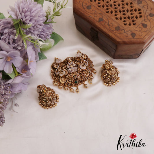 Premium Antique Nagas Lakshmi Motifs Pendant Set With Golden Bead Drops PS270