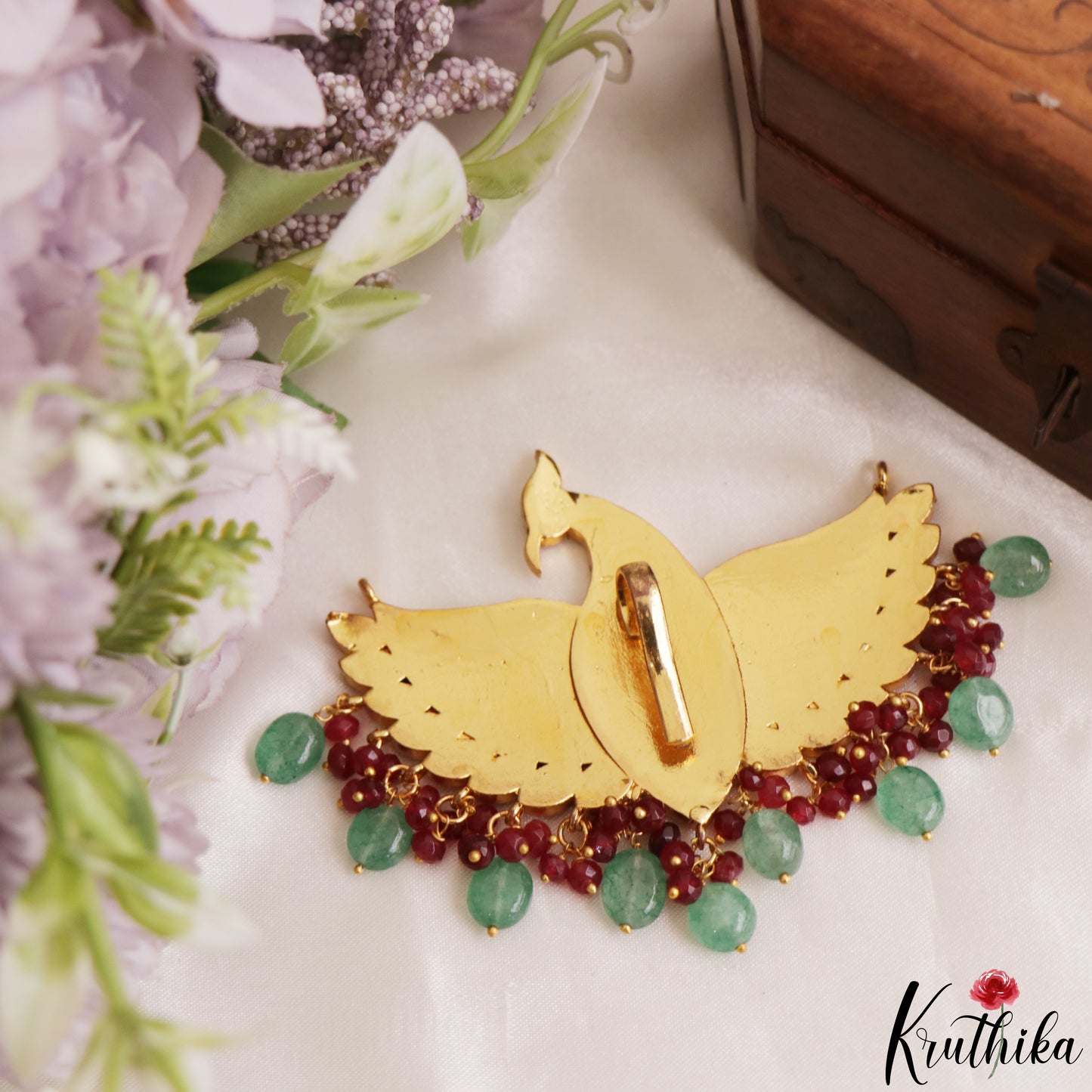 Stunning Peacock Motifs Jadau Pendant With Pearl Bead Drops PS306 (Available In 3 Colors)