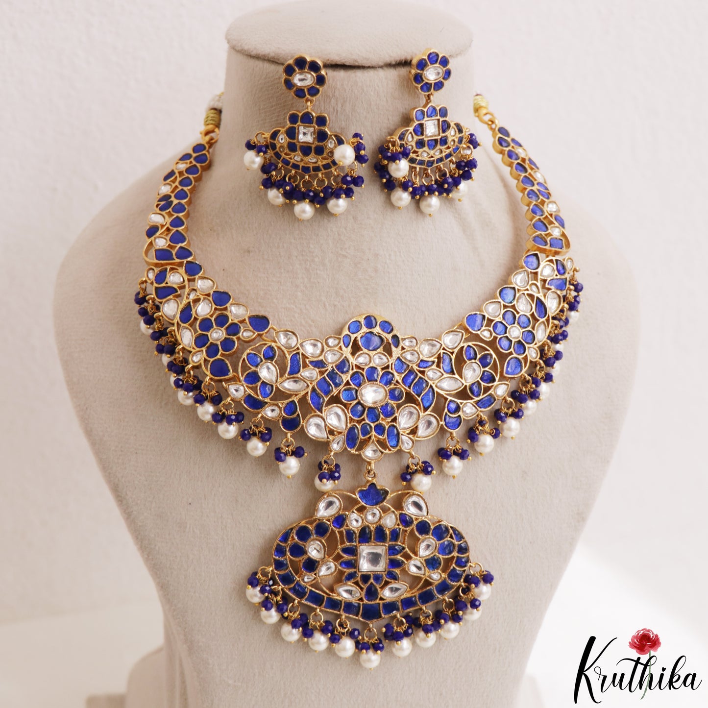 Gorgeous Peacock Floral Motifs Jadau Necklace With Pearl Bead Drops NC3192