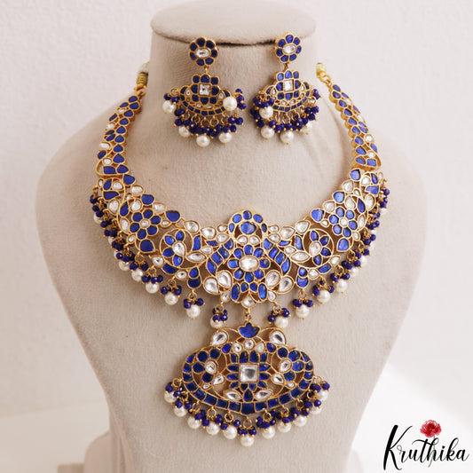 Gorgeous Peacock Floral Motifs Jadau Necklace With Pearl Bead Drops NC3192