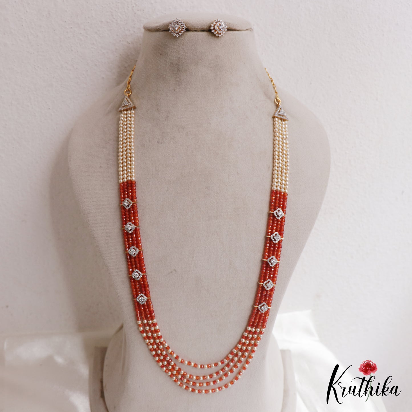 Trendy Multi Layered Crystal & Pearl Haaram With Floral Accents LH2129 (Available In 4 Colors)