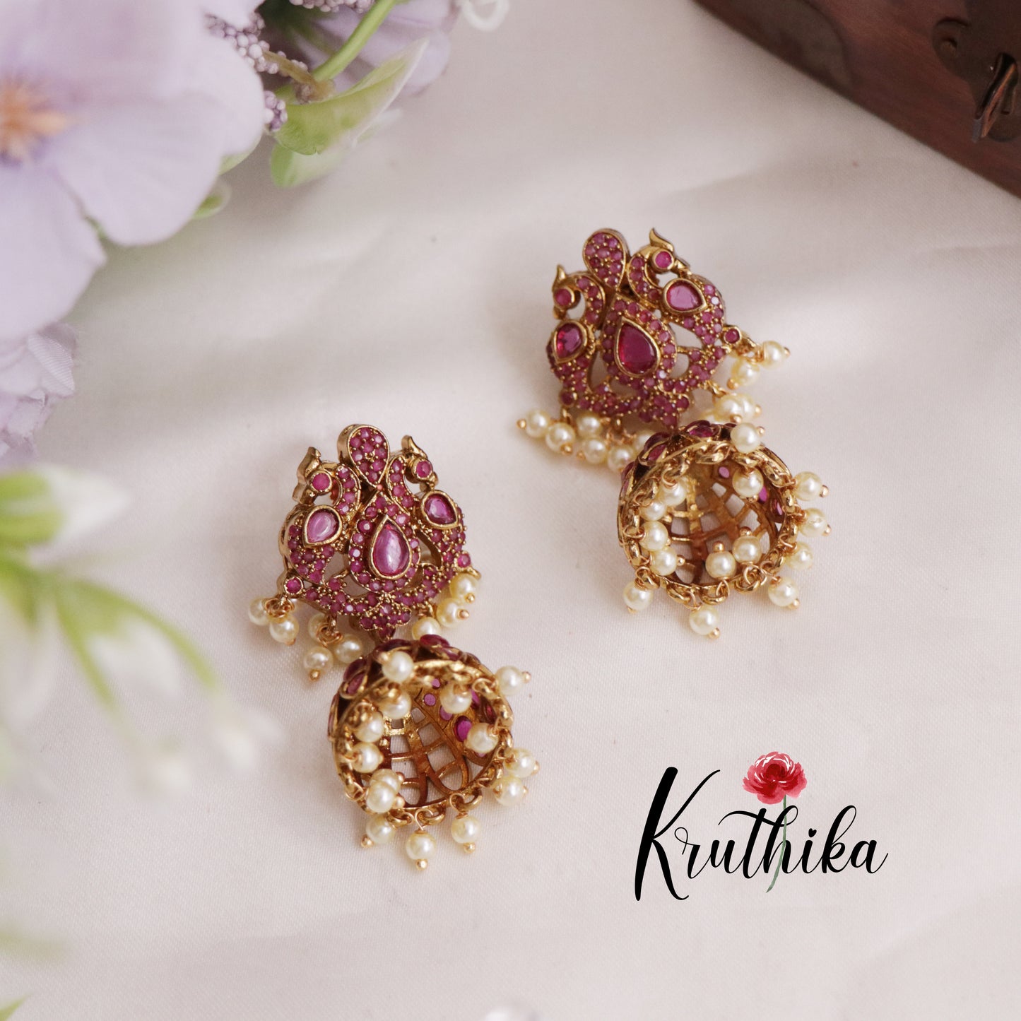 Beautiful Pink Peacock Jhumkas E743 (Available in 2 Colours)