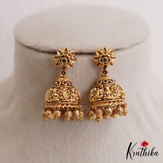 Beautiful Antique Floral Lakshmi Motifs Jhumkas With Golden Bead Drops E1166 (Available In 2 Colors)