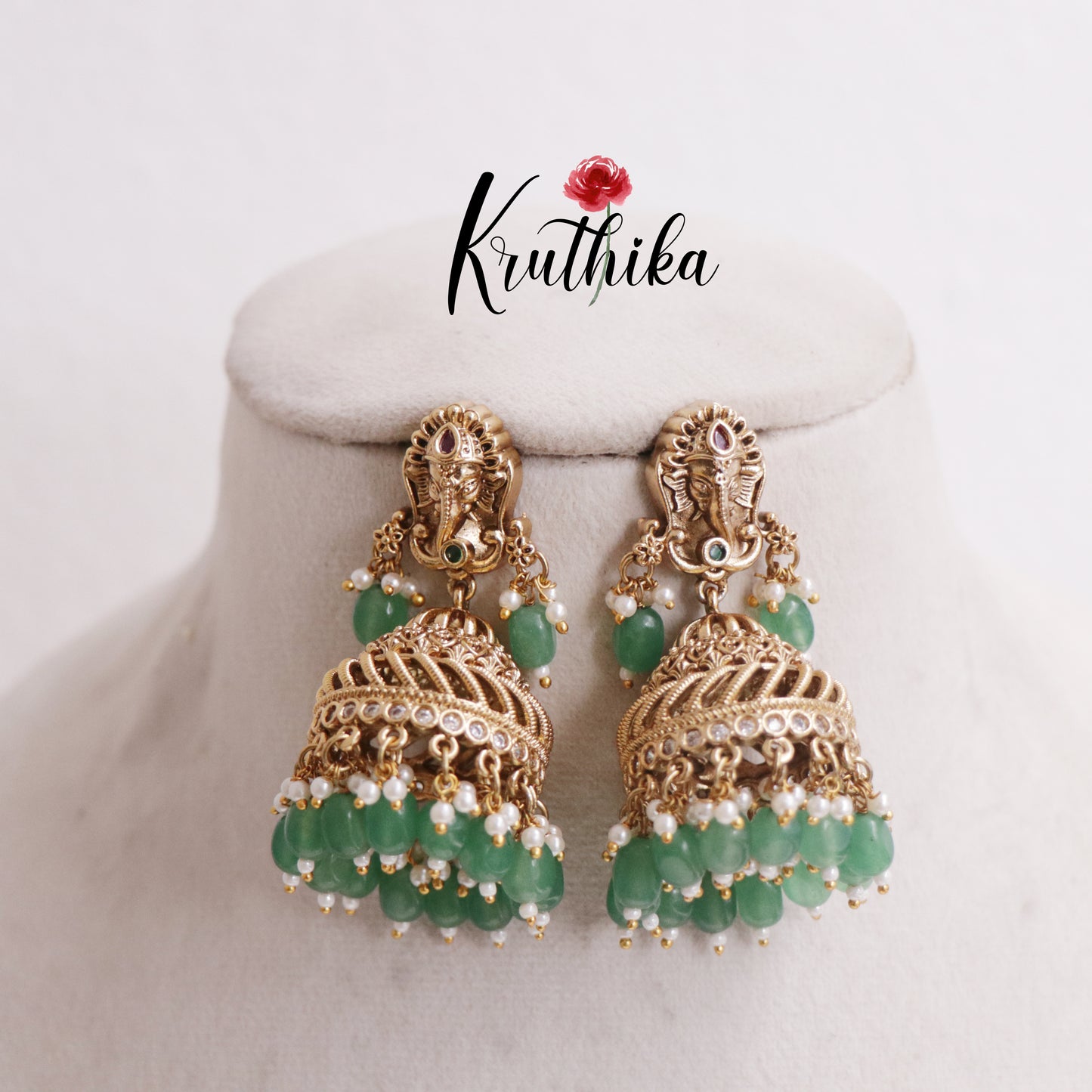 Elegant Ganesh Spiral Jhumkas with Beads Drops E735 (Available in 2 Colours)