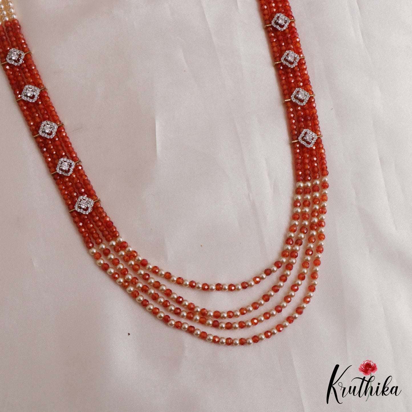 Trendy Multi Layered Crystal & Pearl Haaram With Floral Accents LH2129 (Available In 4 Colors)