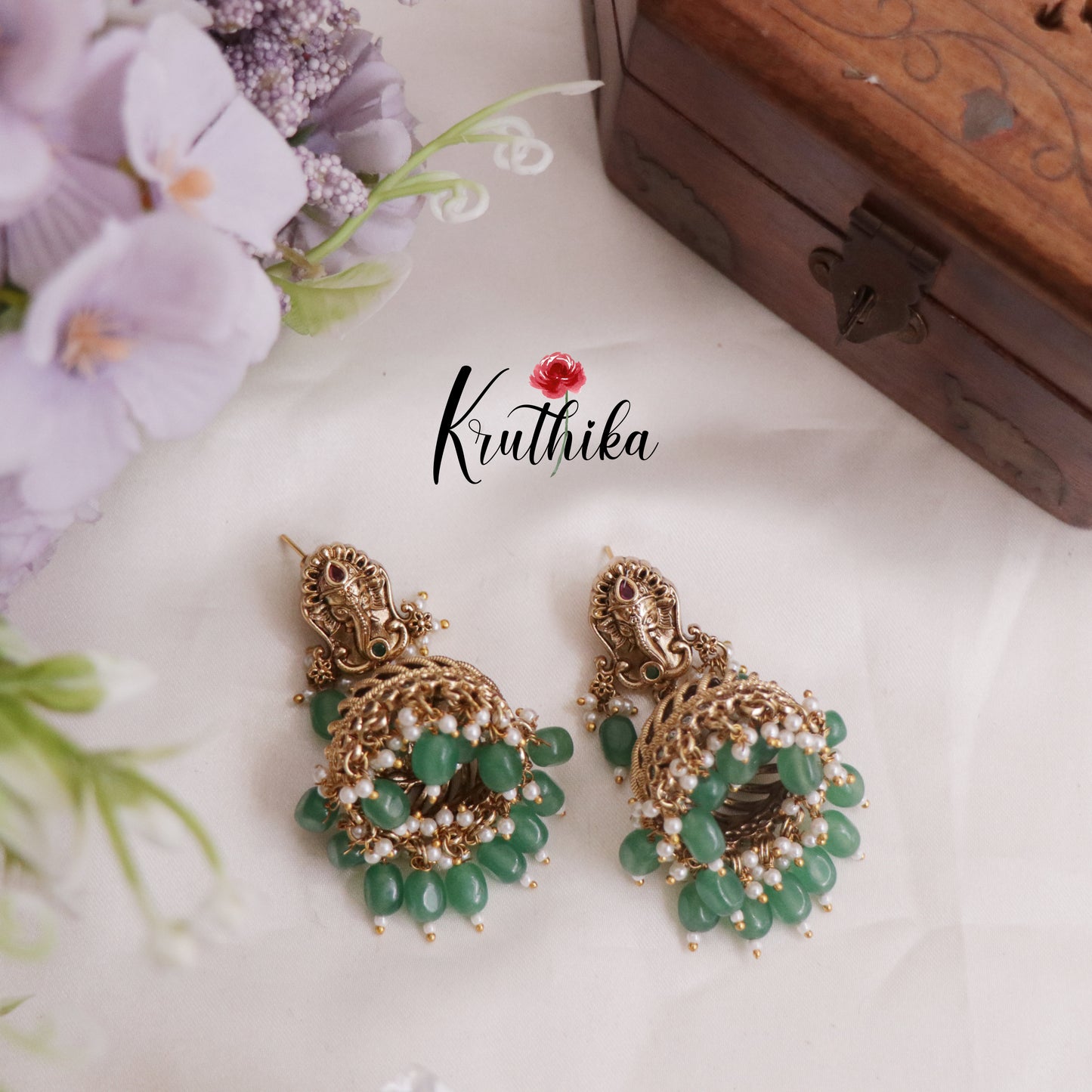 Elegant Ganesh Spiral Jhumkas with Beads Drops E735 (Available in 2 Colours)