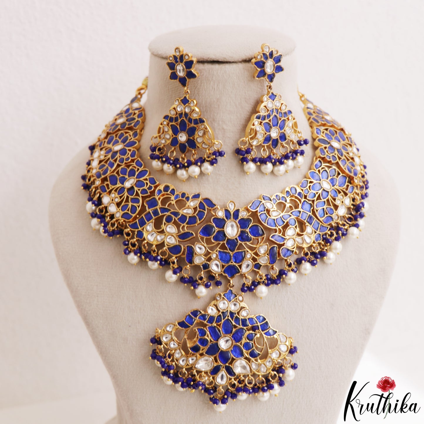 Gorgeous Peacock Floral Motifs Jadau Necklace With Pearl Bead Drops NC3238